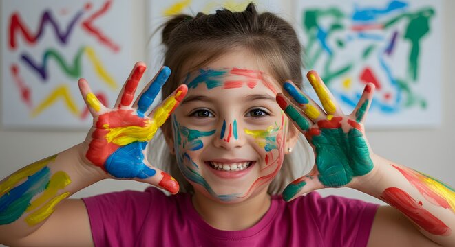 Happy Girl with Colorful Paint on Hands and Face Smiling - Powered by Adobe