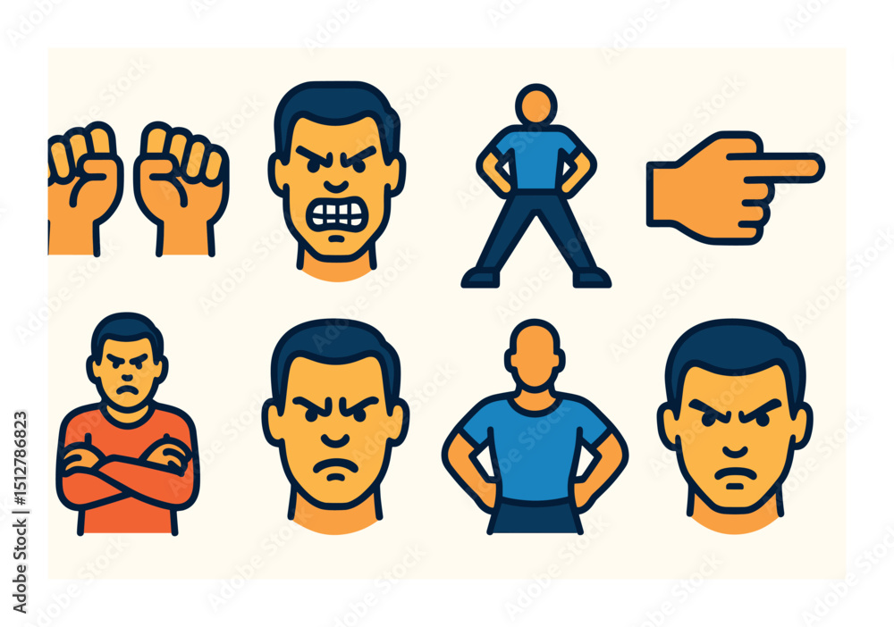 Poster aggressive actions icon set in flat style. angry and assertive expression symbols