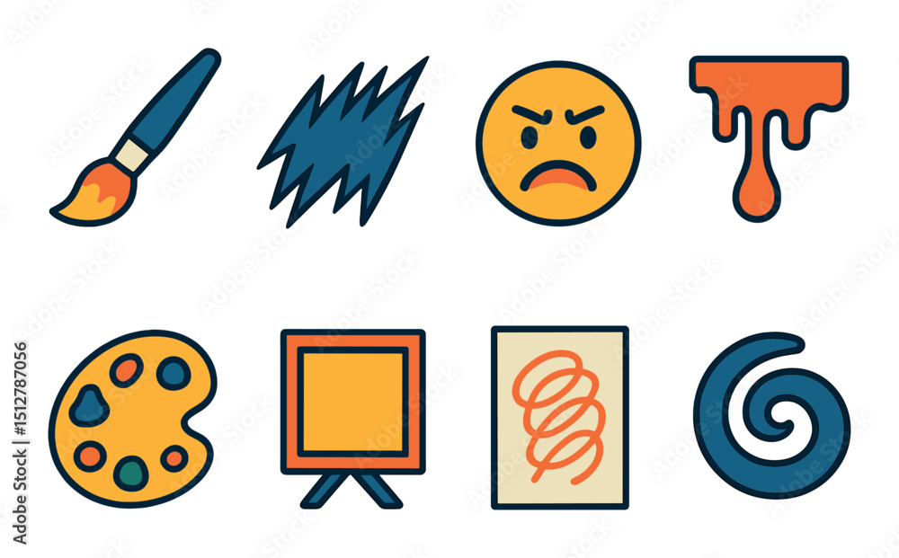 Poster artistic tools flat icon set. creative expression and design elements