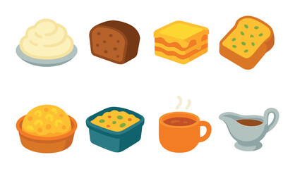 Comfort food flat icon set. cozy meal symbols for cooking and dining themes