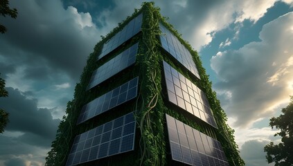 Fototapeta premium Sustainable architecture building with solar panels and green facade