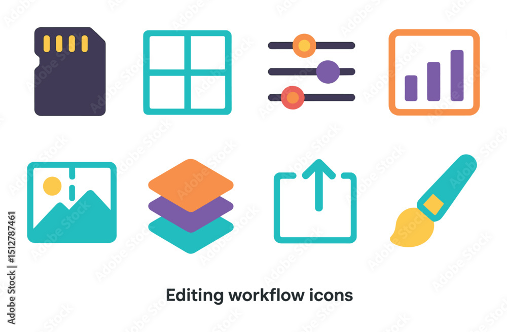 Poster editing workflow icon set. flat style symbols for media and content creation