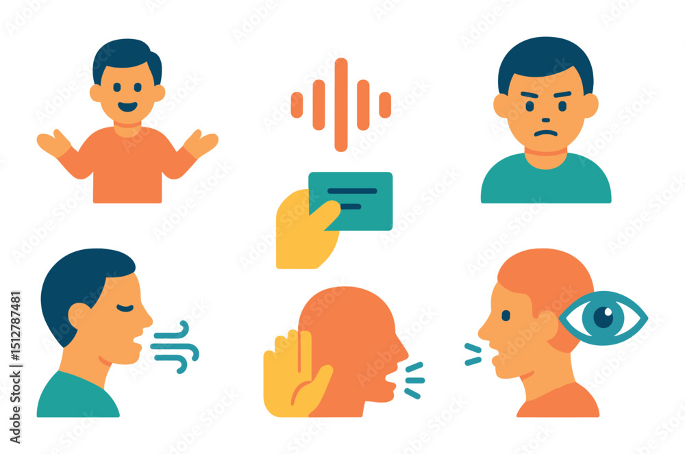 Poster speech communication icon set in flat style. dialogue and conversation symbols