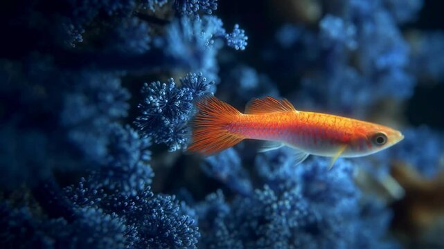 Vivid Orange Male Red Swordtail Fish Swimming in Vibrant Blue Aquatic Plant Life