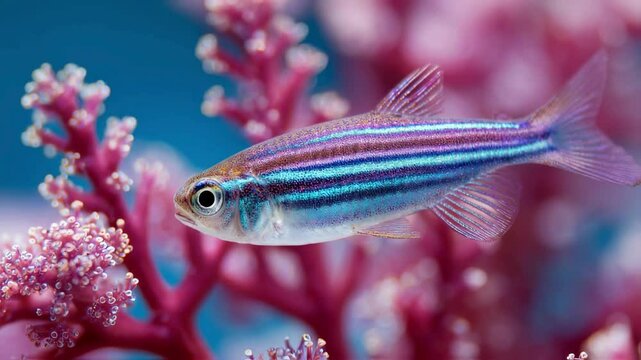 Vibrant Danio Rerio Fish Swimming Amidst Pink Coral Reef