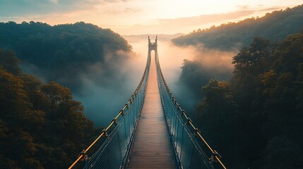 Fototapeta premium Suspension Bridge Vanishing into Foggy Forest at Sunrise, Perspective View