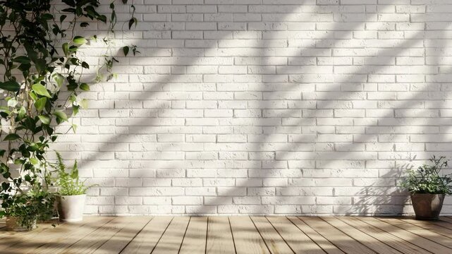 White brick wall with sunlight shadows and indoor potted plant offers background for architecture and lifestyle photography