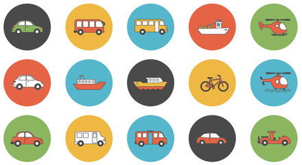 colorful flat icons of various transportation vehicles, cars, bicycles, planes, buses, motorcycles, boats, trains, and other modes of transportation, all in circular frames against a white background