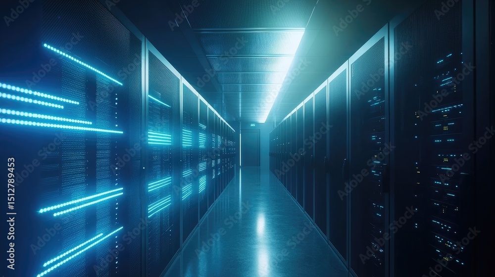 Poster futuristic data center interior with glowing blue lights, rows of modern server racks, polished refl