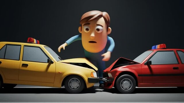 Car Accident Scene: A bewildered character stands in the middle of a simulated car crash between two vehicles, capturing the chaos and confusion of the unexpected incident.