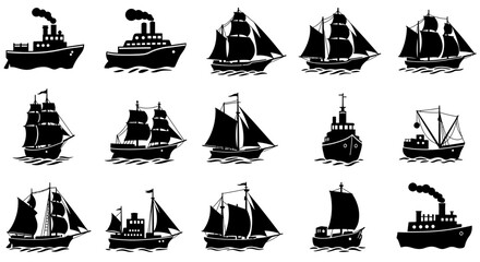 ship silhouette, black and white illustration, vintage ship, sailboat, wooden ship, pirate ship, galleon, schooner, clipper, steamship, sloop, brig, cutter, brigantine, carrack, caravel, xebec