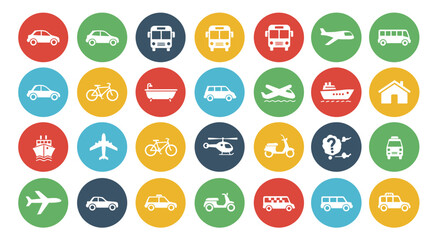 retro, flat, minimalist, icons, transportation, vehicles, car, truck, bicycle, motorcycle, airplane, train, boat, ship, hot air balloon, futuristic, vibrant colors, circle pattern, vintage, nostalgia,