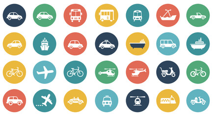 retro, flat, minimalist, icons, transportation, vehicles, car, truck, bicycle, motorcycle, airplane, train, boat, ship, hot air balloon, futuristic, vibrant colors, circle pattern, vintage, nostalgia,
