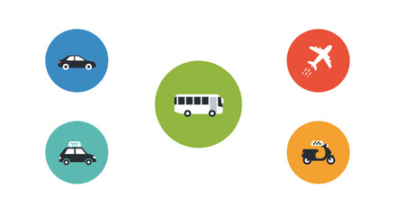 3D icon of a car surrounded by transport related icons, minimalist design, flat vector illustration, bold colors, geometric shapes, clean aesthetic
