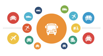 3D icon of a car surrounded by transport related icons, minimalist design, flat vector illustration, bold colors, geometric shapes, clean aesthetic
