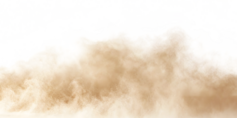 Dust sand soil smoke cloud particles isolated on transparent white background. Brown sandstorm smog sand dust explosion rising. Design elements for Compositing, covering, overlay, PNG