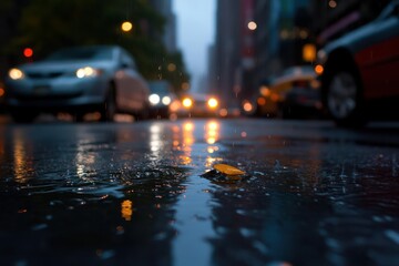 Rainy City Street with Leaf Reflection