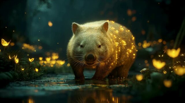 Magical Wombat in Enchanted Forest at Night