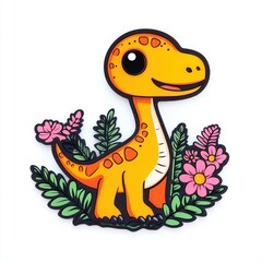 Fototapeta premium Cute cartoon dinosaur character surrounded by colorful flowers and leaves