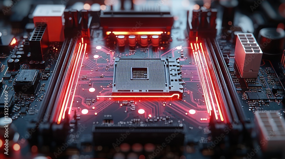 Poster close-up of a computer motherboard with red illumination