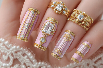 Nails Manicure Beauty Pastel Rings Jewelry Art Design Elegance Gold Crystals Gems Fashion Pink Luxury Polished Accessories Glam Stylish Closeup Shiny Delicate Trends Sophisticated Detailed Finish