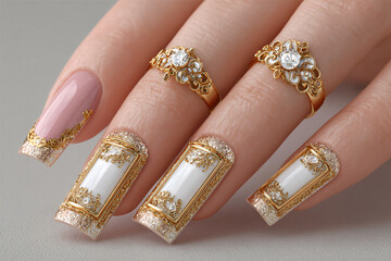 Nail Art Manicure Jewelry Rings Gold Design Beauty Fashion Elegance Embellishments Cosmetic Luxury Decoration Handmade Art Detail Polished Glam Style Accessories Patterns Shine Rhinestones Classic 