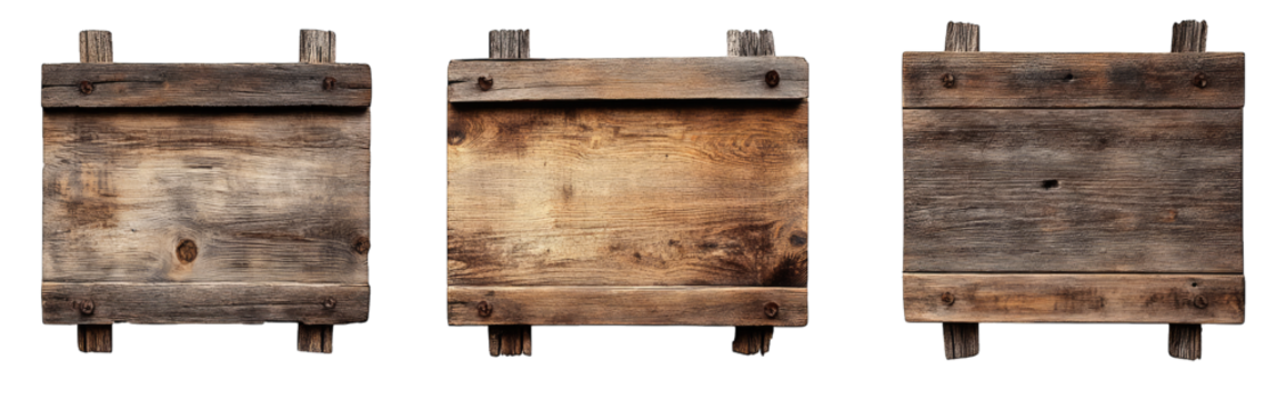 Three Rustic Wooden Signs With Metal Brackets Isolated On Transparent Background - Powered by Adobe