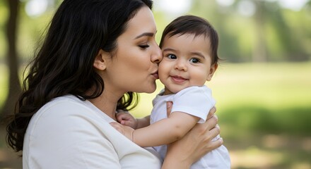 Mother Kissing Baby, Happy Infant, Loving Parent, Family Portrait