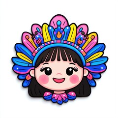 Cute Cartoon Girl with Colorful Feather Headpiece and Bright Smile