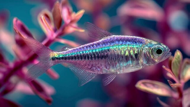 Iridescent Harlequin Rasbora Fish in Vibrant Aquatic Plant Life
