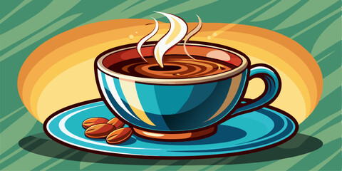 Obraz premium The warmth of steaming coffee invites you to enjoy it on a quiet morning, with a tempting cup of coffee, accompanied by its original beans, ready to refresh your day. 