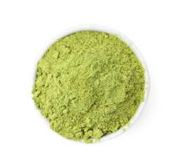 Superfood. Wheat grass powder in bowl isolated on white, top view