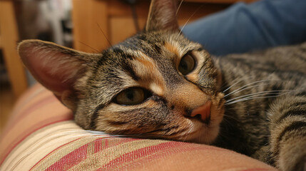 Cat Tabby Cuddly Resting Home Domestic Feline Pet Closeup Animal Furniture Couch Livingroom Cozy Adorable Sleeping Cute Soft Whiskers Furry Happy Affection Peaceful Mammal Eyes Ears Fur