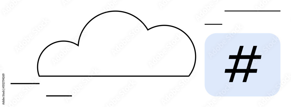 Poster cloud outline with motion lines and a metadata tag symbol in a blue square. ideal for networking, so
