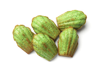 Tasty matcha madeleine cakes isolated on white, top view