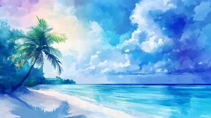 Tropical beach scene with a palm tree under a vibrant sky.