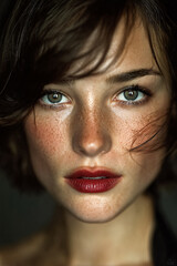Fashion Photography Portrait Beauty Young Woman Model Natural Makeup Hairstyle Closeup Face Freckles Expression Confidence Studio Vibrant Color Captivating Artistic Alluring Chic Style