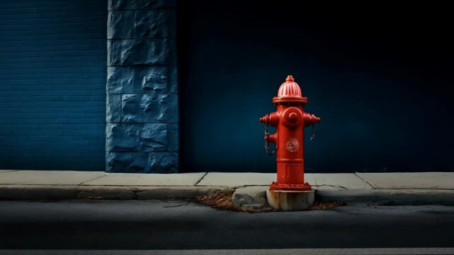 Bright red fire hydrant stands prominently on sidewalk against dark blue wall and stone building section
