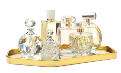 Many different perfume bottles isolated on white