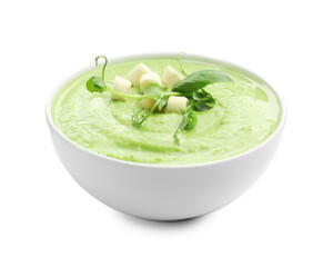 Tasty pea cream soup with croutons, basil and microgreens isolated on white