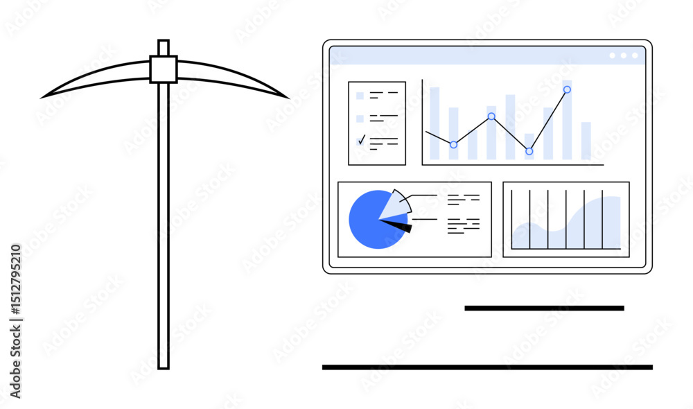 Poster pickaxe beside screen displaying analytics with charts, pie graph, and data lines. ideal for technol