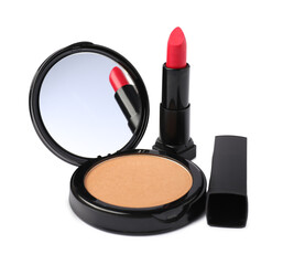 Open face powder with mirror and lipstick isolated on white