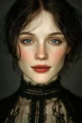 Portrait Woman Beauty Makeup Model Elegant Lace Vintage Hairstyle Skin Eyes Facial Expression Charming Glamour Fashion Closeup Gaze Romantic Serene Natural Lovely Delicate Timeless Classic Aesthetic
