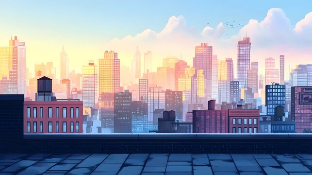 City skyline view from a rooftop at sunrise.
