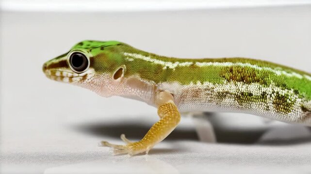 Standing ornate day gecko with vibrant green and white stripes and tan legs resting on a reflective white surface in studio setting
