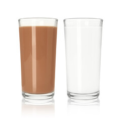 Chocolate drink and milk in glasses isolated on white