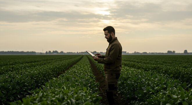 Bearded male farmer utilizing a digital tablet while standing in a vast green agricultural crop field. Modern agronomist inspecting plant growth with technology during early morning or late evening.