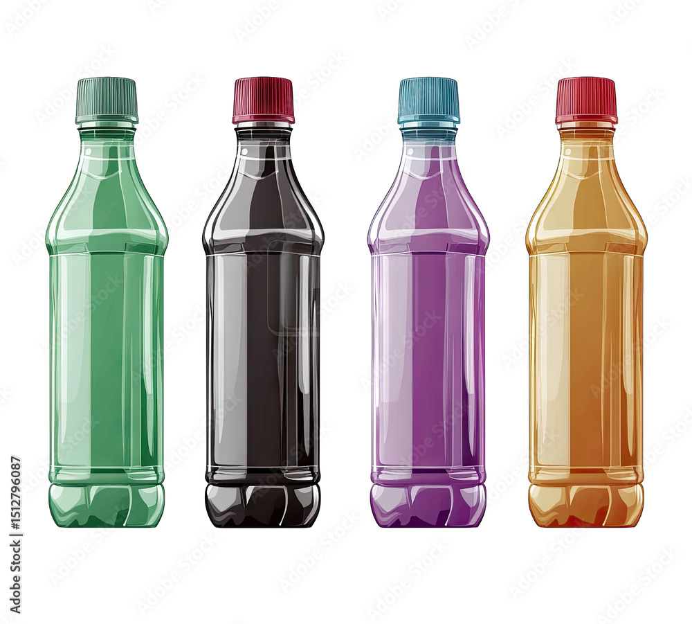 Poster four different colored plastic bottles with caps arranged in a row isolated on transparent backgroun