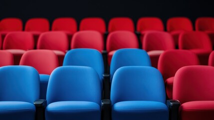 Fototapeta premium Empty rows of vibrant blue and red seats in a modern auditorium space