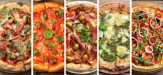 Collage of different delicious pizzas, top view. Banner design